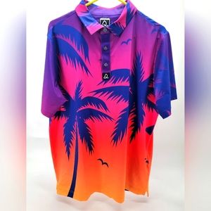 Deolax Golf Polo Shirt Mens Large Palm Tree Bright Print Stretch Short Sleeve